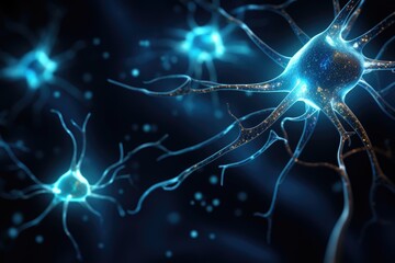 Poster - Conceptual illustration of neuron cells with glowing link knots in abstract dark space, high resolution 3D illustration