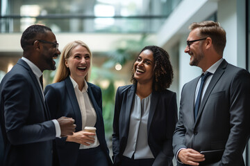 Wall Mural - happy successful multiracial business team smiling and laughing while standing in modern office