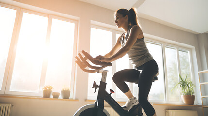 sporty woman riding a smart stationary bike at home, beautiful young woman exercising with fitness e