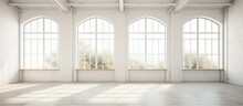 Empty White Studio Room With Large Windows In Vintage Style.