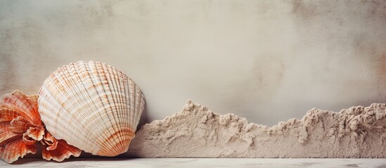 Sea shell against concrete wall backdrop.