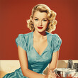 Duotone basic pop art retro poster illustration of a pretty housewife in the 1950s with a pink background.