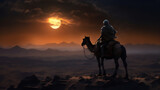 Fototapeta Kosmos - arabian desert at sunset and night with the moon, a man on camel doing a journey, create using generative AI tools.