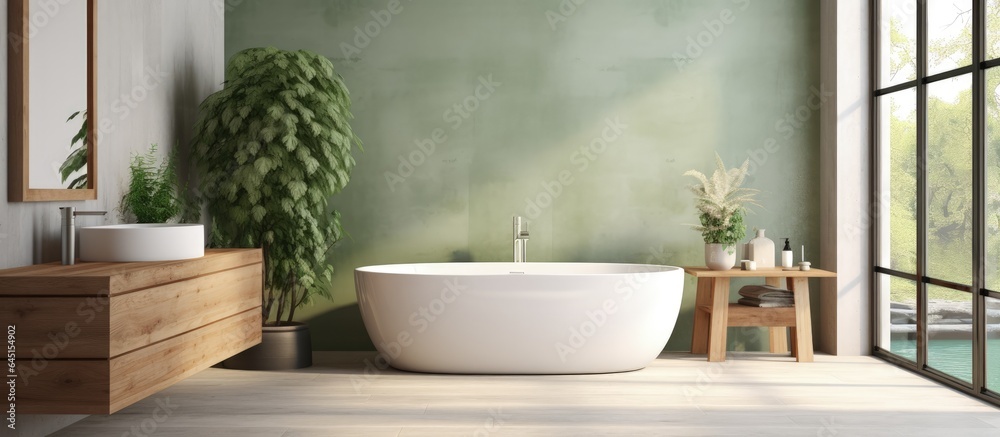 Japandi bathroom with wooden tones, freestanding bathtub, big window ...