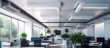 Modern Office Ceiling With Ceiling-mounted Air Conditioner And Lighting.