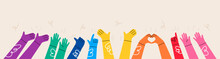 Different Color Human Hands Greeting And Waving, Party, Sales Concept For Advertising. Colorful Vector Illustration