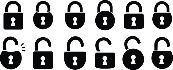 Poster - set of lock and unlock icons. locked black flat icons collection. security symbol. Lock Icon in trendy flat style isolated on white background. Security symbol for your web site design, logo, app.