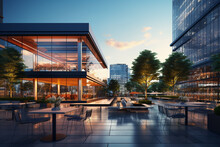 Modern Office Building With Glass Facade And Outdoor Terrace. 3d Rendering