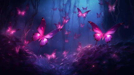 Glowing Pink and Purple Butterflies in a Dark Forest Backdrop