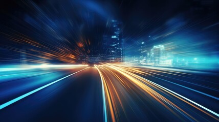 Night city street, road, blue light, abstract dark blur background