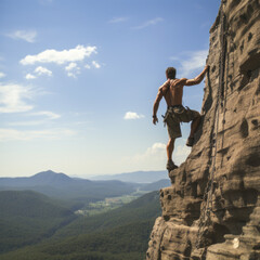 A rock climber with muscular legs is pushing himself
