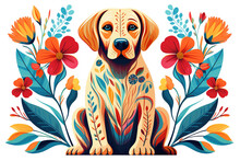 Image Of Pattern Design Using Labrador Dog And Flowers And Leaves. Pet. Animals. Illustration, Generative AI.