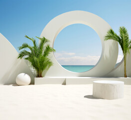 Poster - White round podium circular on the beach with palm trees and beach background. High quality photo