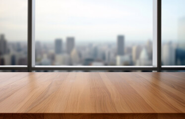 Poster - Wooden table top on blurred cityscape background - can be used for display or montage your products. High quality photo