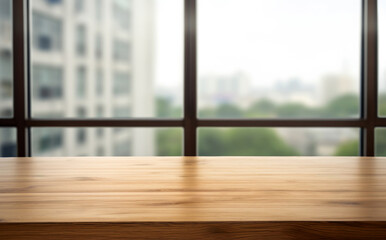 Poster - Empty wooden table over blur window and city view background, product display montage. High quality photo