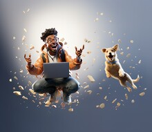 Black Male, Man, Remote Work, YouTube, Social Media, Work from home, Nomad, Happy, Freedom, solopreneur, Adventure, Break Free, Hype, Energy, Midair, White Dog, natural hair, glasses, 3D cartoon, Blue