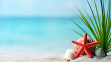 Seashells, Red Starfish And Palm Leaf On The White Sand With Blurred Beach Ocean Sea Background. High Quality Photo