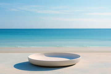 Aufkleber - Empty round white plate on table with blurred beach, blue sea and sky background. High quality photo