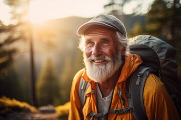 Wall Mural - Smiling portrait of a happy senior man hiker hiking in the forests and mountains