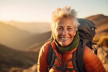 Wall Mural - Smiling portrait of a happy senior woman hiker hiking in the forest and mountains