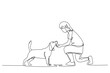 © onetime - Continuous one line drawing young happy girl handshaking her cute dog. Friendship about human and pet animal concept. Little kid playing with dog. Single line draw design vector graphic illustration
