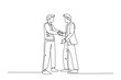 Single one line drawing businessmen handshaking his business partner after their project goal. Great teamwork. Business deal cooperation. Modern continuous line draw design graphic vector illustration