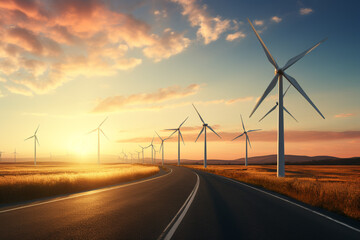 Wall Mural - wind turbines at sunset. alternative energy source. 3d rendering.