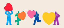 Group Of People Holding Love Symbols. Charity And Donation Concept. Colorful Vector Illustration