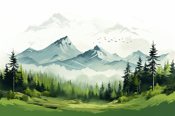 Wall Mural - Mountains and forest in the fog. Digital painting. Vector illustration.