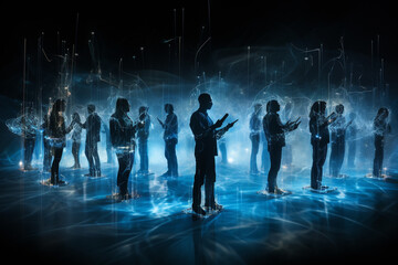 Silhouettes of business people and digital interface. 3d rendering