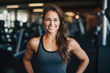 Wall Mural - Smiling portrait of a happy young female caucasian fitness instructor working in an indoor gym