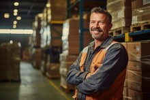 Smiling Portrait Of A Happy Middle Aged Warehouse Worker Or Manager Working In A Warehouse