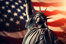 The Statue of Liberty and the American Flag. The concept of the United States of America.