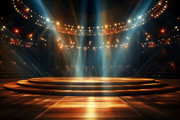 Stage illuminated by spotlights with wooden floor. 3D Rendering