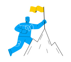 Man character conqueror achievement top point goal mountain. business concept. Colorful vector illustration