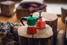 Moka Pot Coffee On A Portable Gas Stove