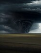 A colossal black tornado rampaging across the prairie, the sky filled with oppressive dark clouds, the grass flattened and scattered by the howling winds