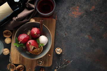 Wall Mural - Tasty and delicious food concept - pear in wine