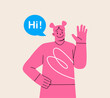 Woman waving hand. Speech bubble hi. Colorful vector illustration
