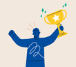 © Stranger Man - Happy man holding winning trophy. Victory,  achieving the goal concept. Colorful vector illustration