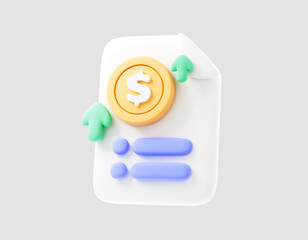 Finance concept. Clipboard and coin graph icon, Business invoice bill expenses idea, business idea goals on project plan, profit income, analytics. 3d rendering