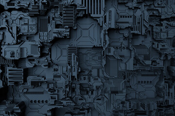 3d illustration of a realistic model of a robot or blue cyber armor. Close-up equipment for mining crypto-bitcoin; ether. Video cards; motherboards