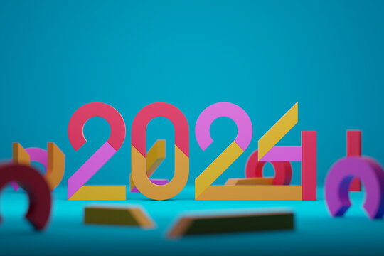 Calendar header number 2024 on blue  background. Happy new year 2024 colorful background.