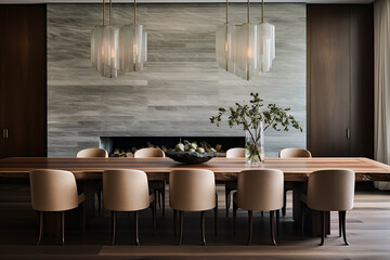 Wall Mural - A formal dining room with a long wooden table, designer chairs, and a statement lighting fixture.