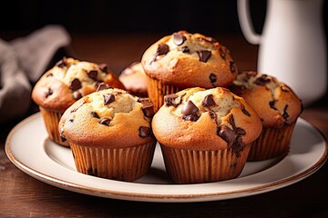 Wall Mural - Morning bliss. Close up homemade freshly baked chocolate chip  muffin. Indulgence on plate deliciously