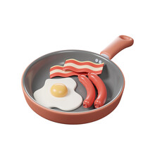 3D Egg ,bacon And Sausage In Frying Pan Isolated On White Background, American Breakfast In Non Stick Pan ,3D Breakfast Concept.
