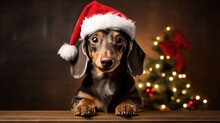 A Photograph Of Cute Dachshund Dog Wearing Santa Clause Costume And Hat In Christmas Celebration Generative Ai