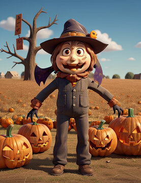 halloween scarecrow with caved pumpkin head out