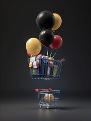 shopping cart and balloon on black background