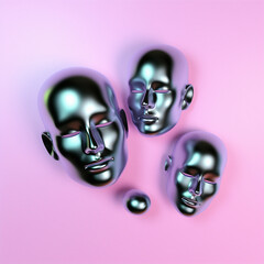 Aufkleber - 3D illustraion of glossy head models on a pink pastel background.